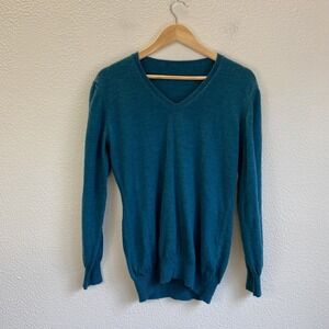 Wool V-Neck Sweater Mens Medium Teal Blue Good Lightweight Knit Long Sleeve